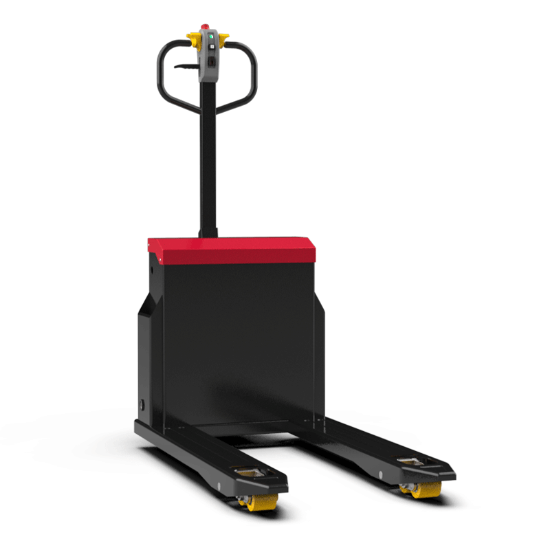 Black and red electric pallet jack with yellow wheels on white background