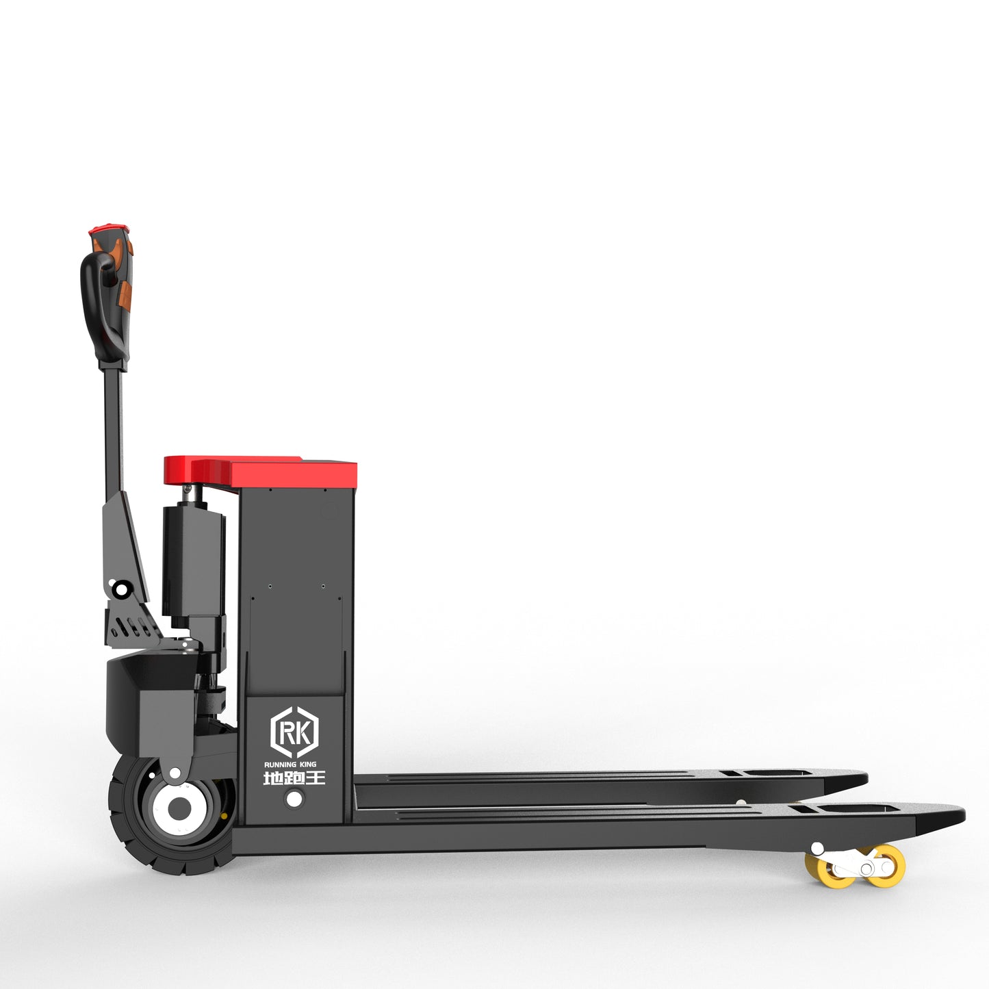 Black and red electric pallet jack with RK Running King logo and yellow wheels on white background