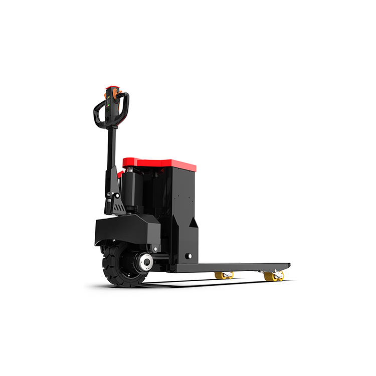 Electric pallet jack with black and red body and ergonomic handle on white background