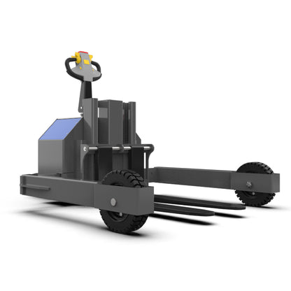 Black electric pallet jack with handle controls and solid wheels on white background