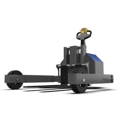 Electric pallet jack with dual front wheels and ergonomic handle on white background