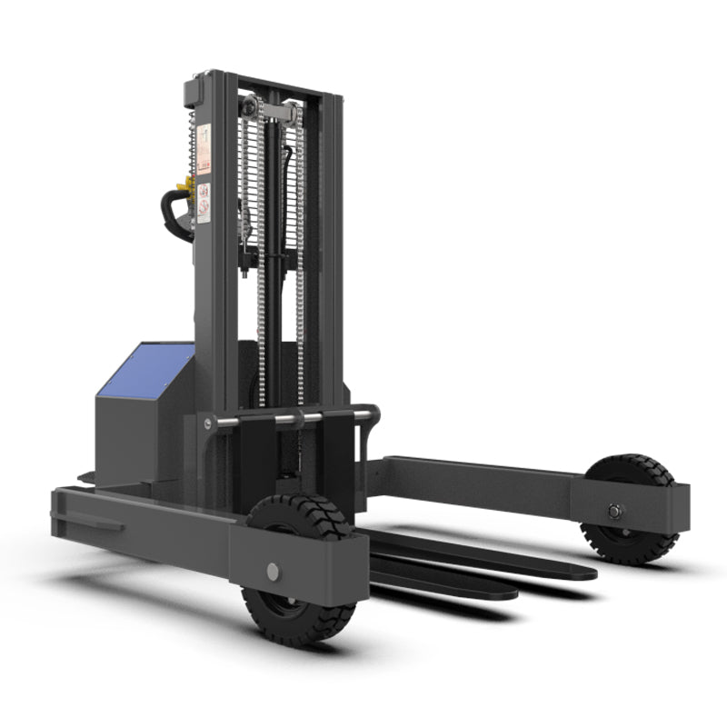 Industrial electric pallet stacker with forks, black tires, and a compact control handle