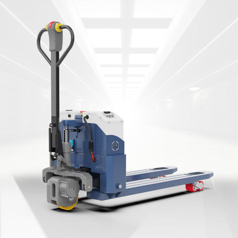 Electric pallet jack in a clean white industrial warehouse with blue and gray body and red wheels