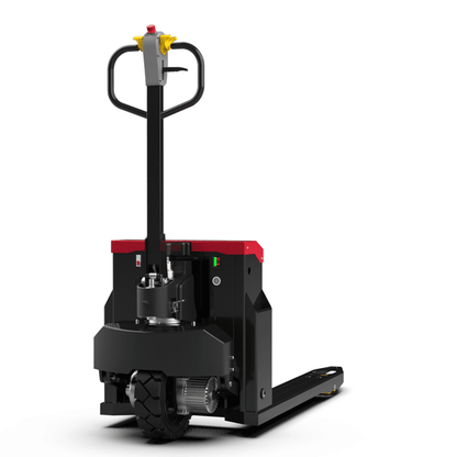 Electric pallet jack with black and red design for warehouse material handling