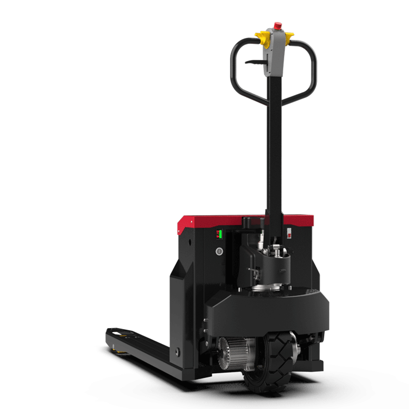 Electric pallet jack with black and red body, single front wheel, and ergonomic handle controls