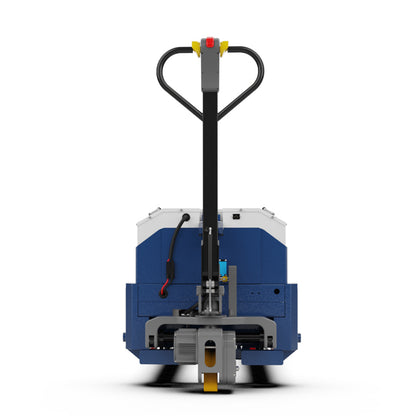 front view of blue and white electric pallet jack with black handle and red button
