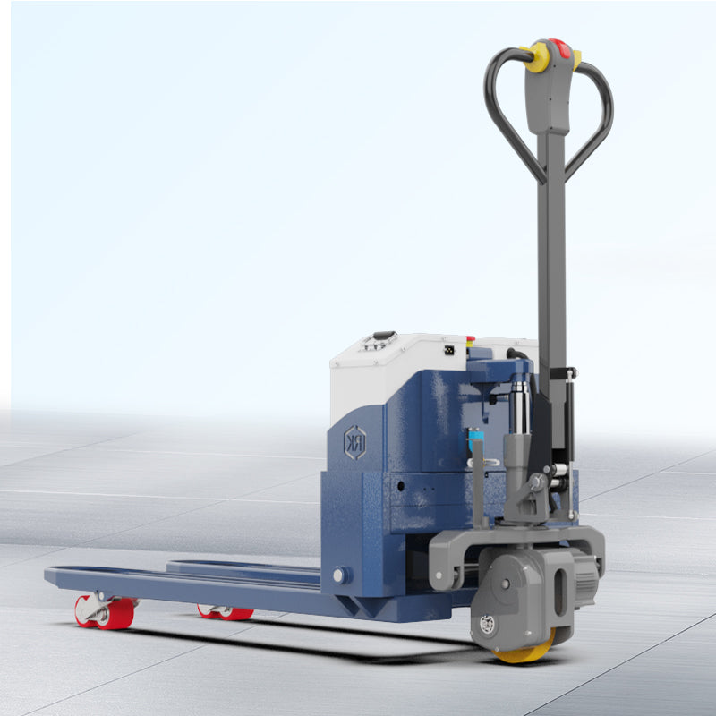 Blue and white electric pallet jack with gray handle and red wheels on smooth floor