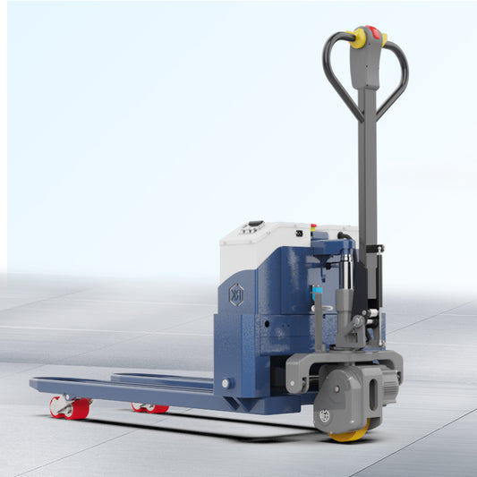 Blue and white electric pallet jack with gray handle and red wheels on smooth floor