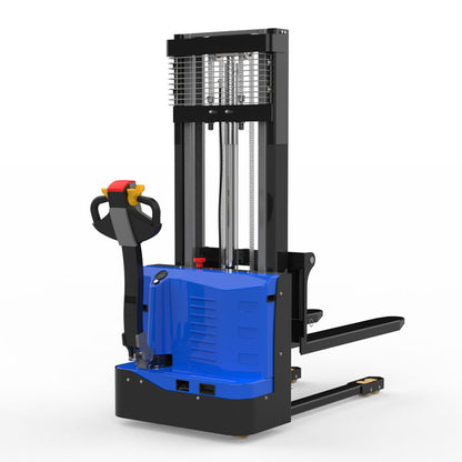 Blue and black electric pallet stacker with red and yellow control handle on white background