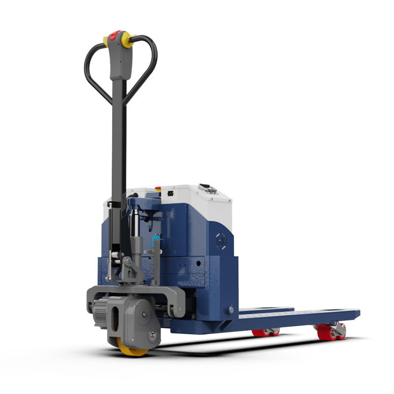 Blue electric pallet jack with black handle and red wheels on white background