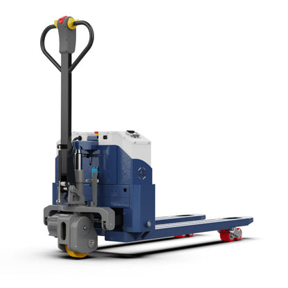 blue and gray electric pallet jack with red wheels on white background