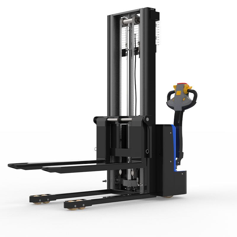 Electric pallet stacker forklift in black and blue with yellow handle on white background