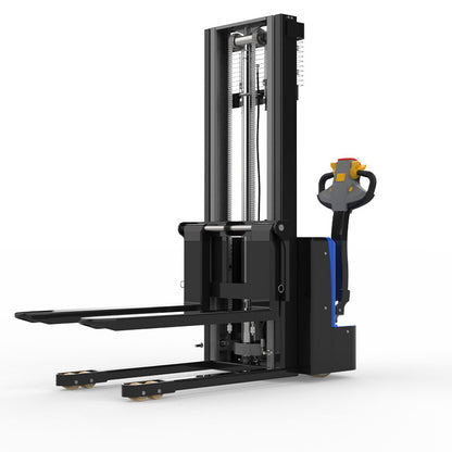 Electric pallet stacker forklift in black and blue with yellow handle on white background