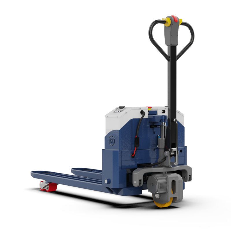 Electric pallet jack with blue and white body and black handle on white background