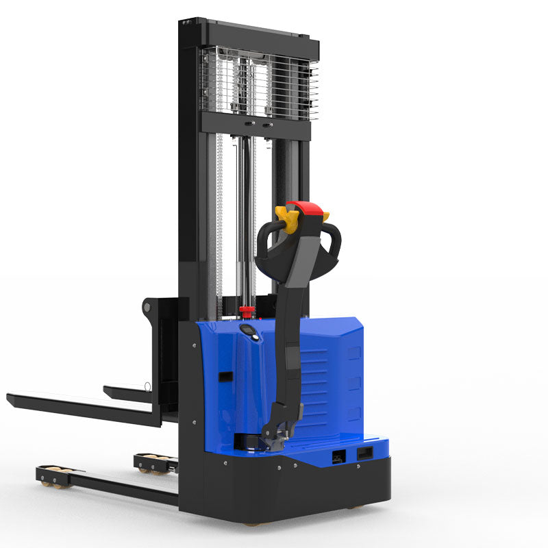 Blue and black electric pallet stacker forklift with red and yellow control handle on white background