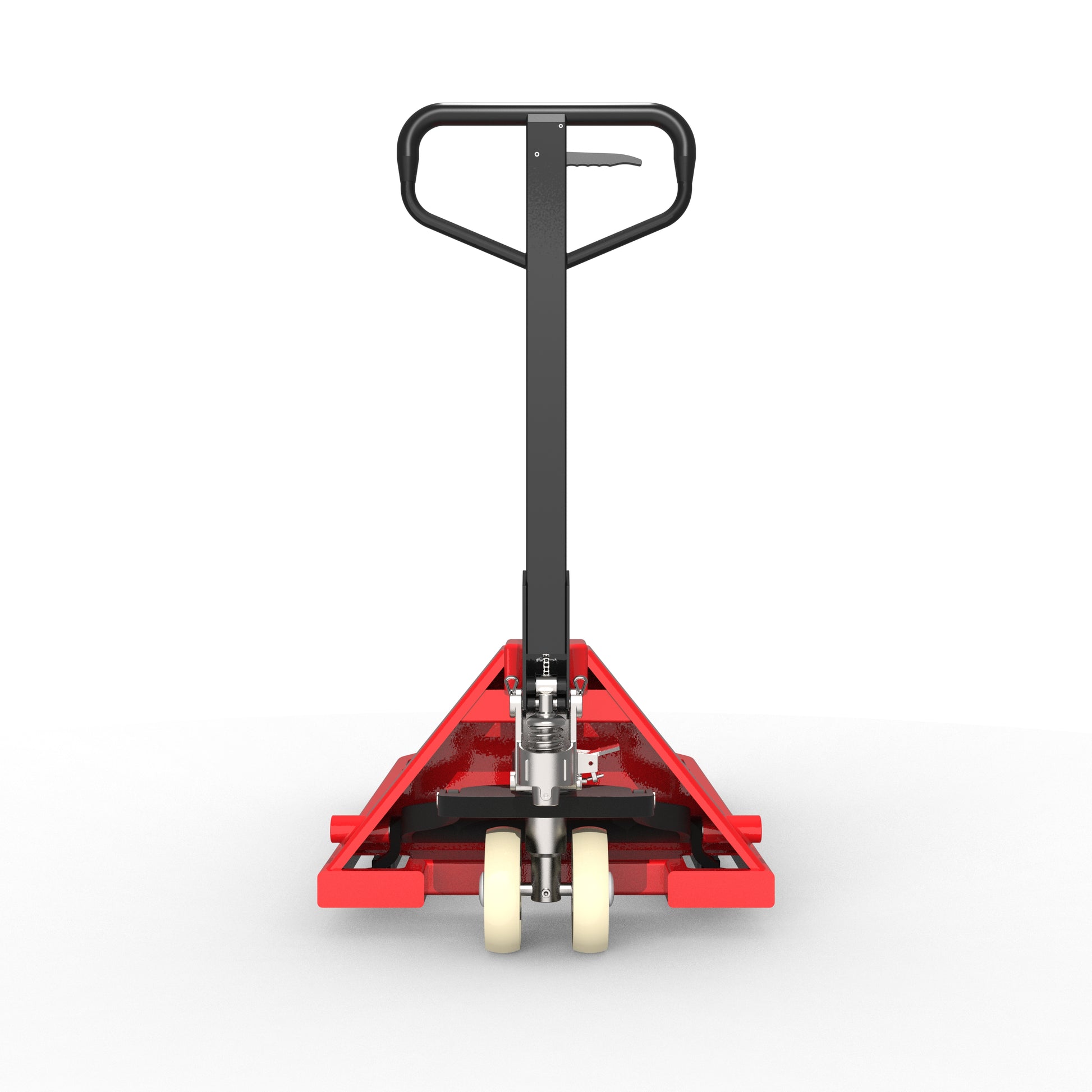 Front view of red pallet jack with black handle and white wheels on white background