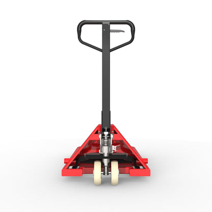 Front view of red pallet jack with black handle and white wheels on white background