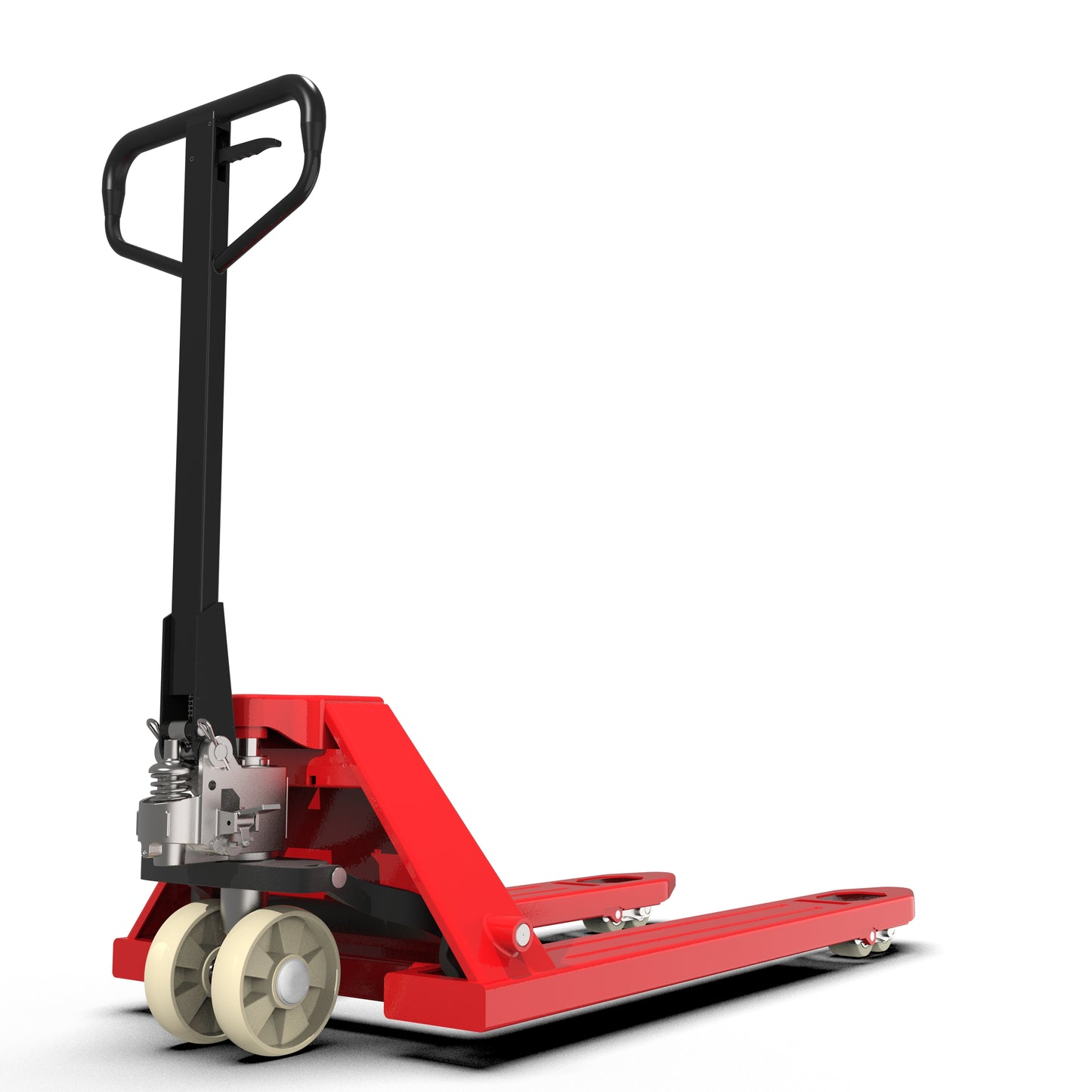 Red manual pallet jack with black handle and white wheels on white background
