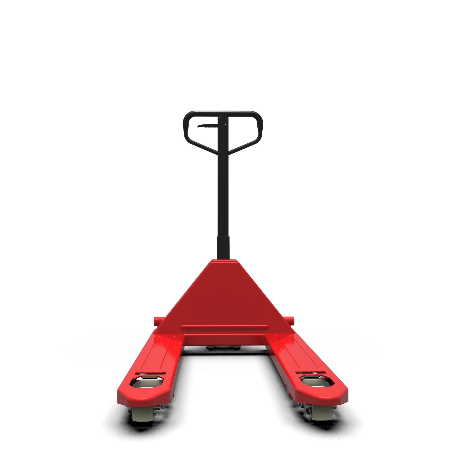 Red manual pallet jack with black handle on white background, warehouse equipment
