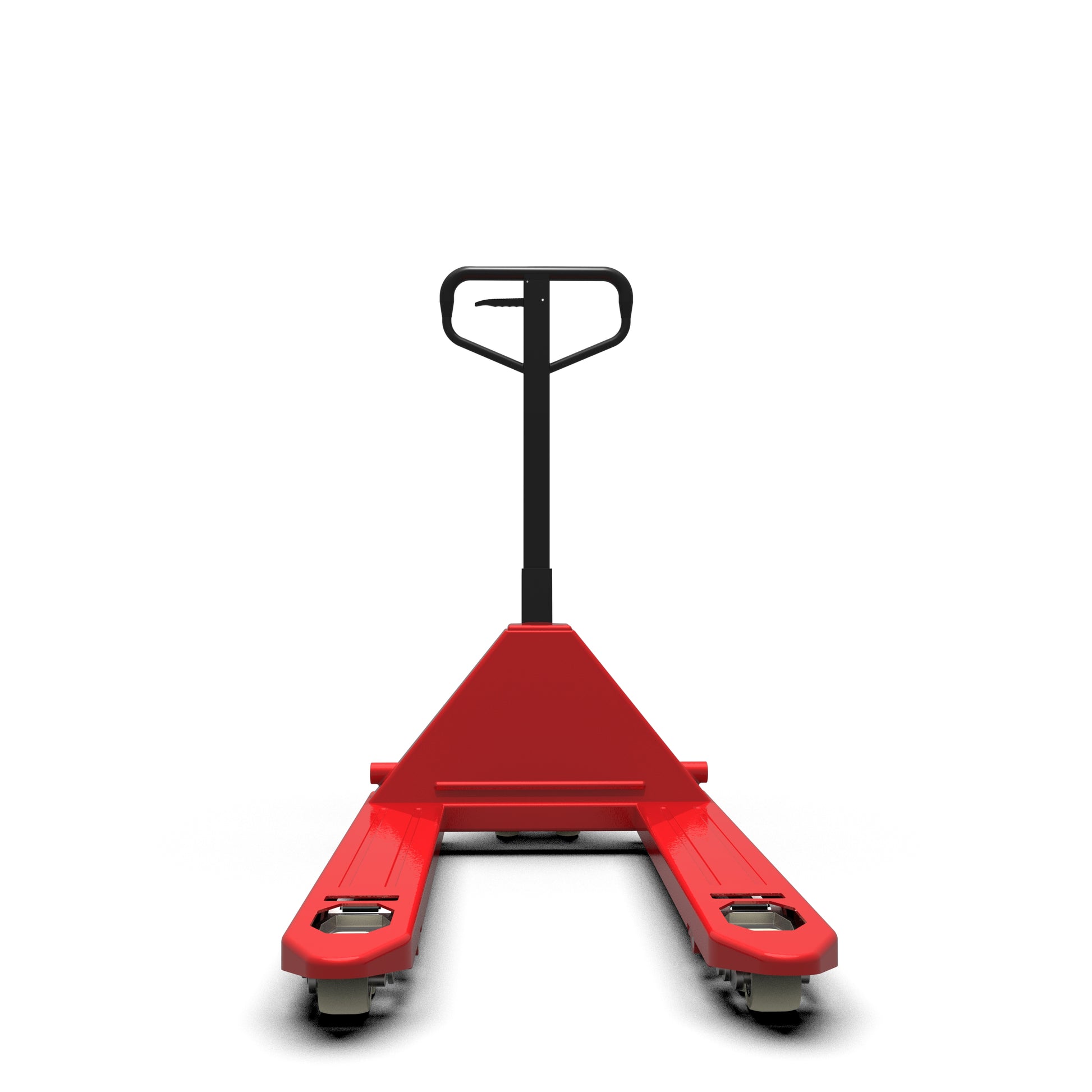 Red manual pallet jack with black handle on white background, warehouse equipment