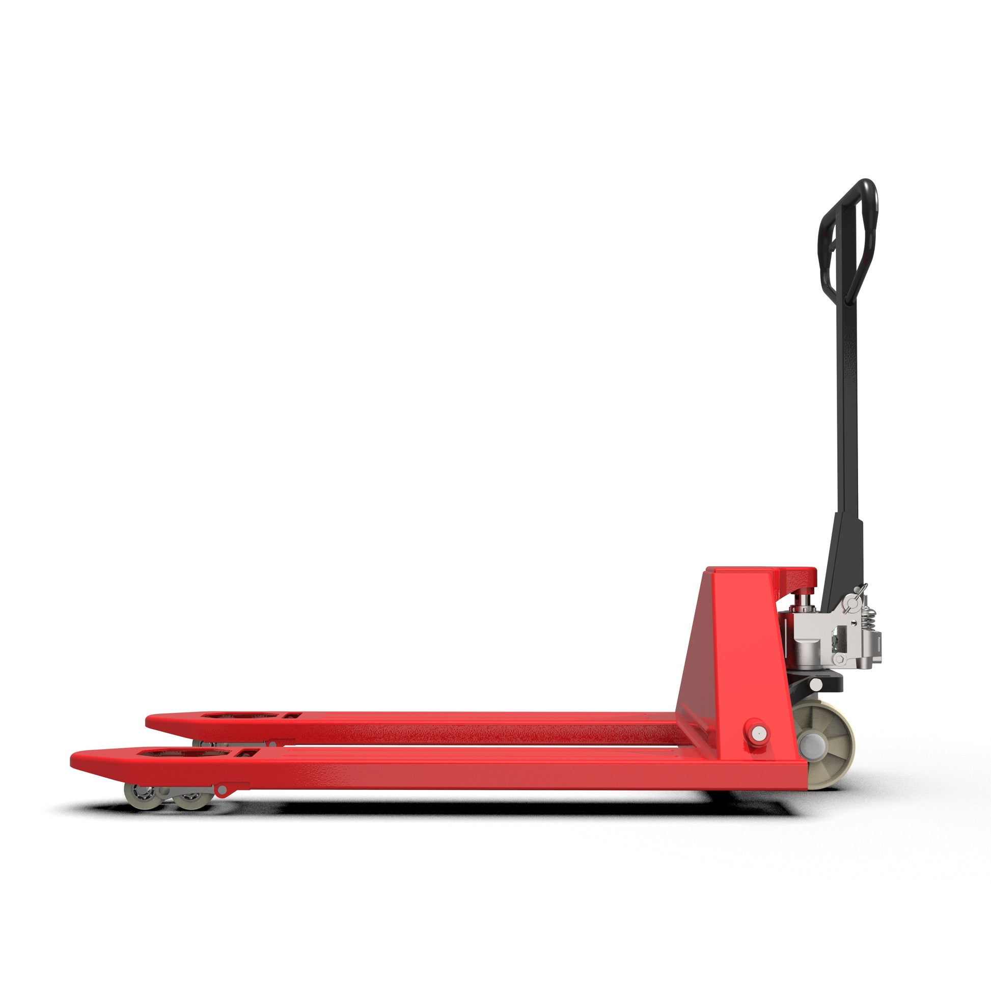 Red manual pallet jack with black handle and gray wheels on white background