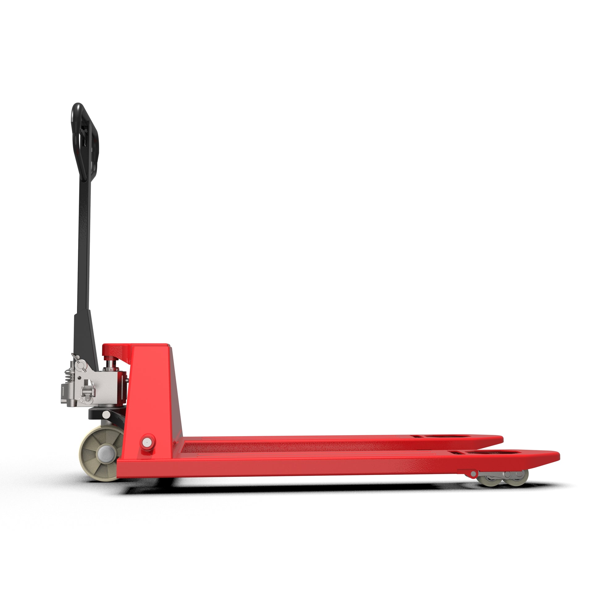 Red manual pallet jack with black handle isolated on white background