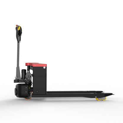 Electric pallet jack in black and red with yellow wheels on plain white background
