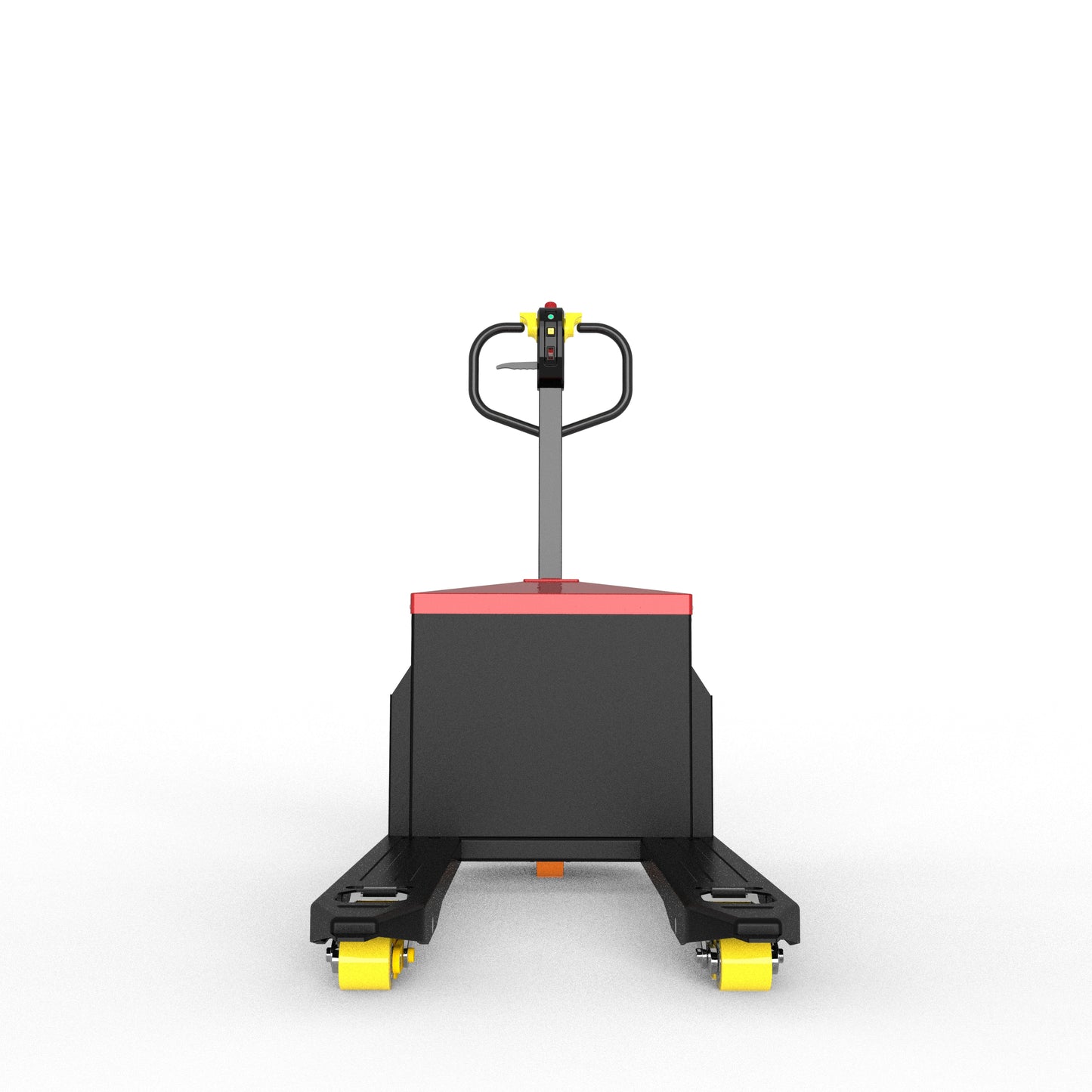 Front view of electric pallet jack with black body, red top, and yellow wheels on white background
