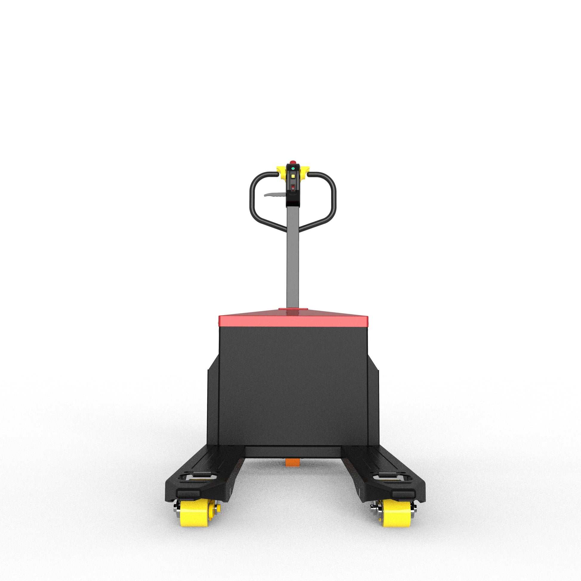 Front view of electric pallet jack with black body, red top, and yellow wheels on white background