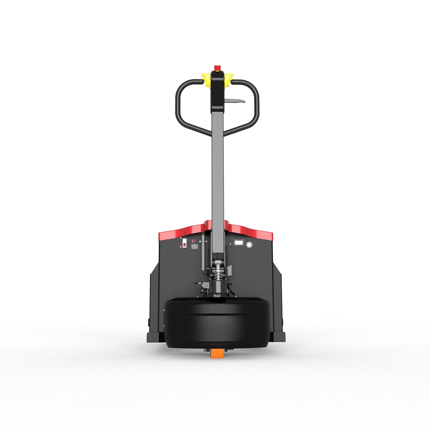 Front view of a black and red electric pallet jack with yellow and black handle on white background