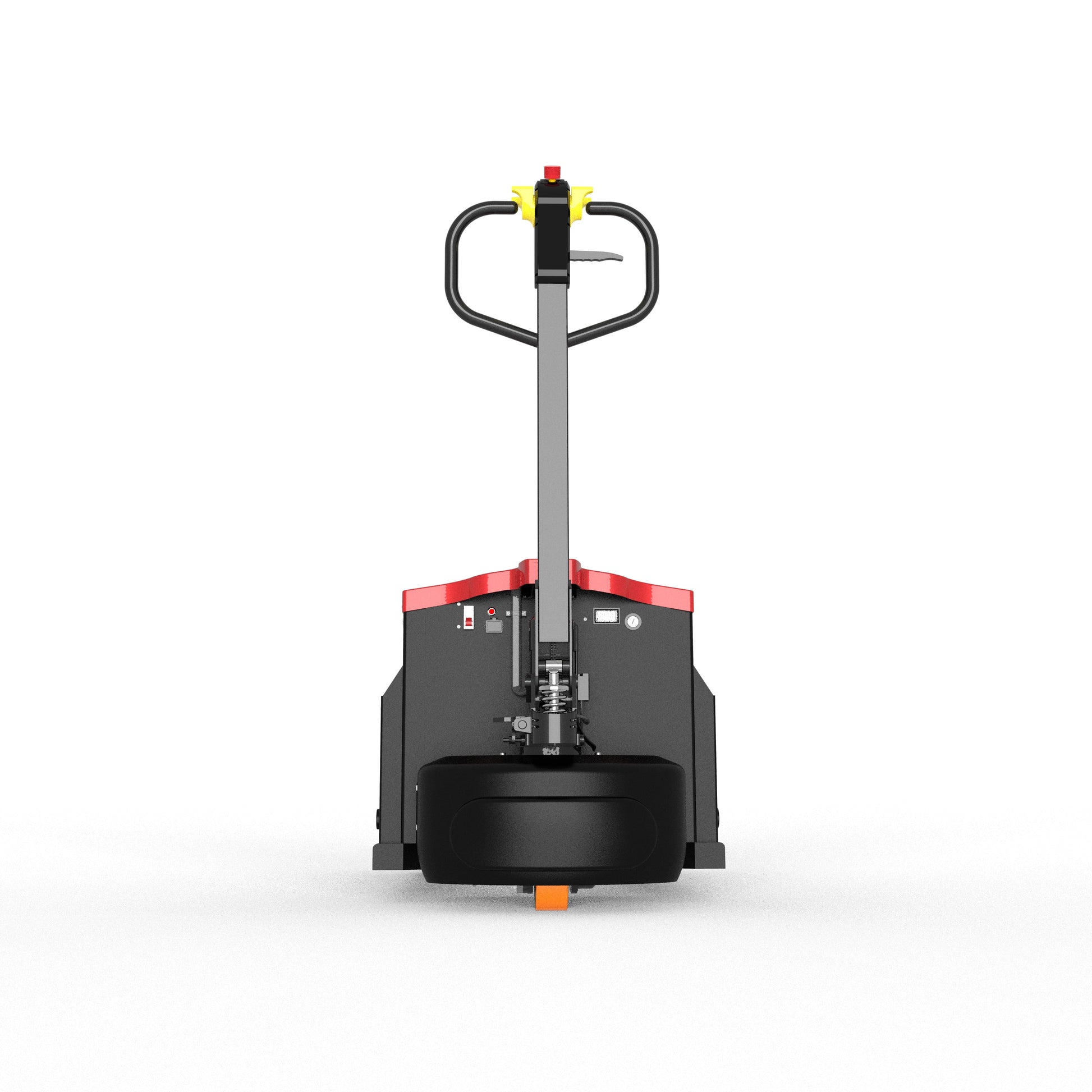 Front view of a black and red electric pallet jack with yellow and black handle on white background