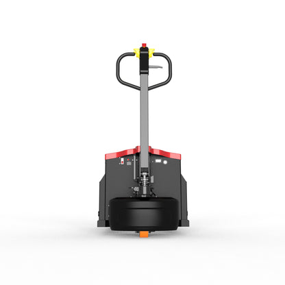 Front view of a black and red electric pallet jack with yellow and black handle on white background