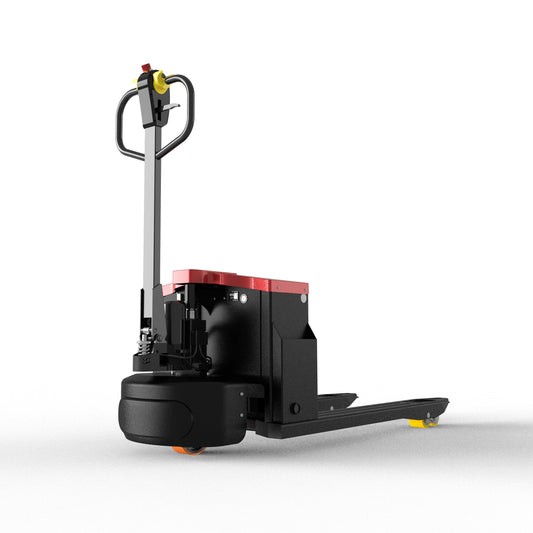 Electric pallet jack with black and red body and yellow and orange wheels on white background