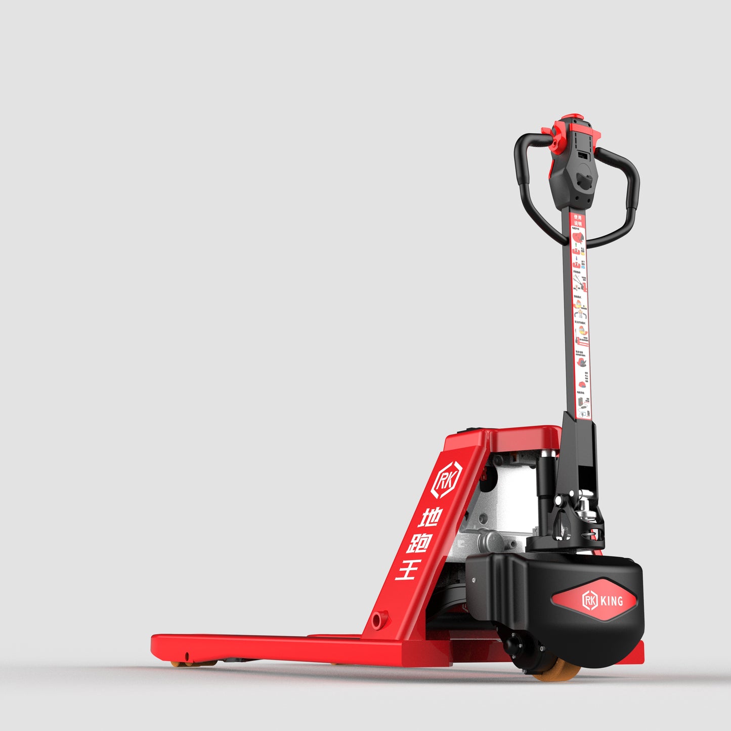 Red electric pallet jack with black handle and Chinese text on side, RK King brand