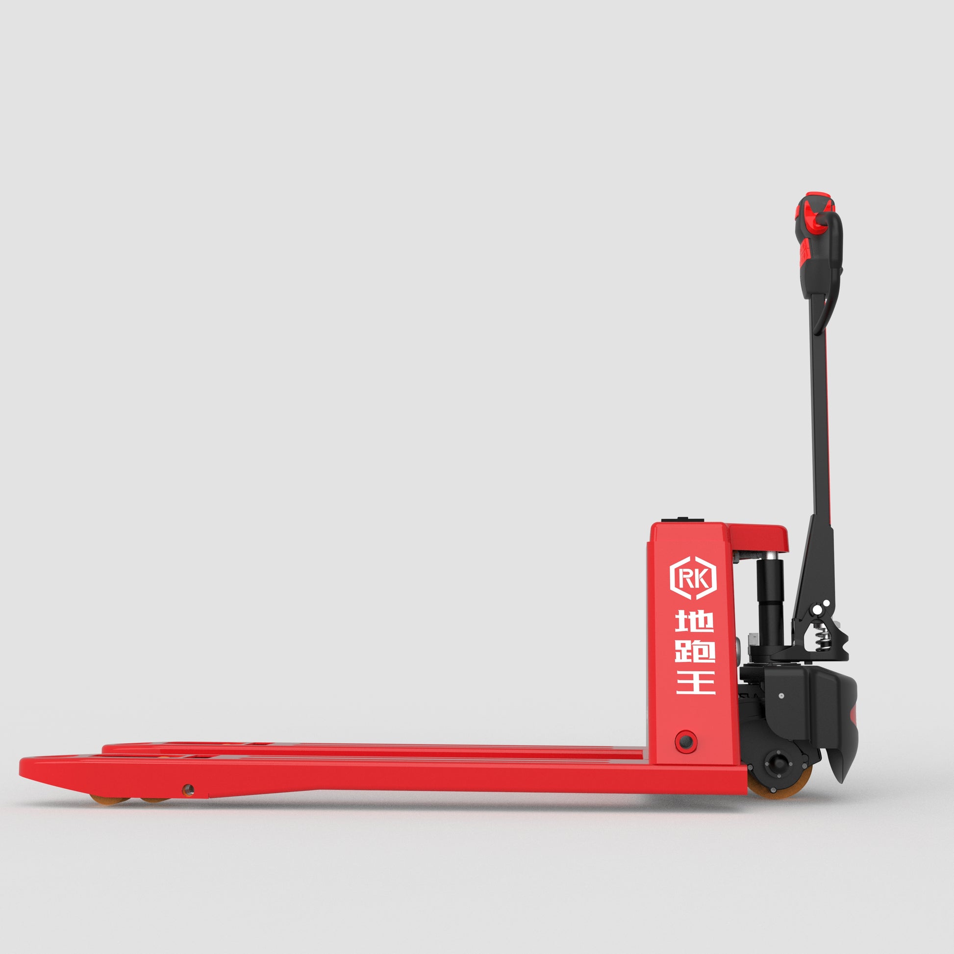 red electric pallet jack with black handle and Chinese characters on side on gray background