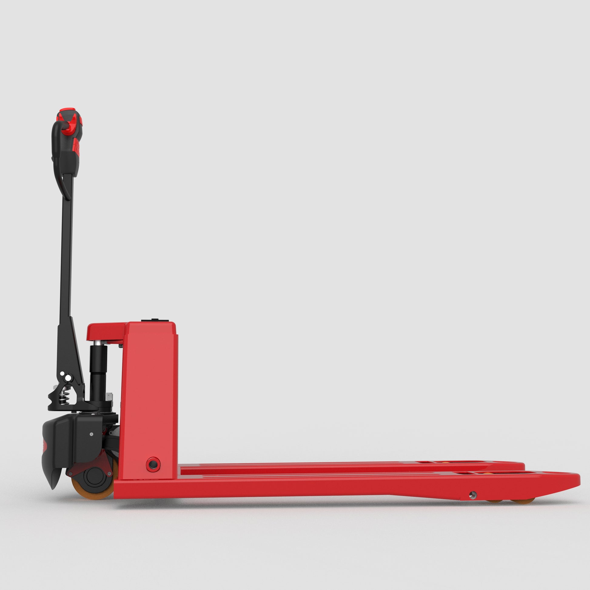 Red electric pallet jack with black handle and orange wheels on gray background
