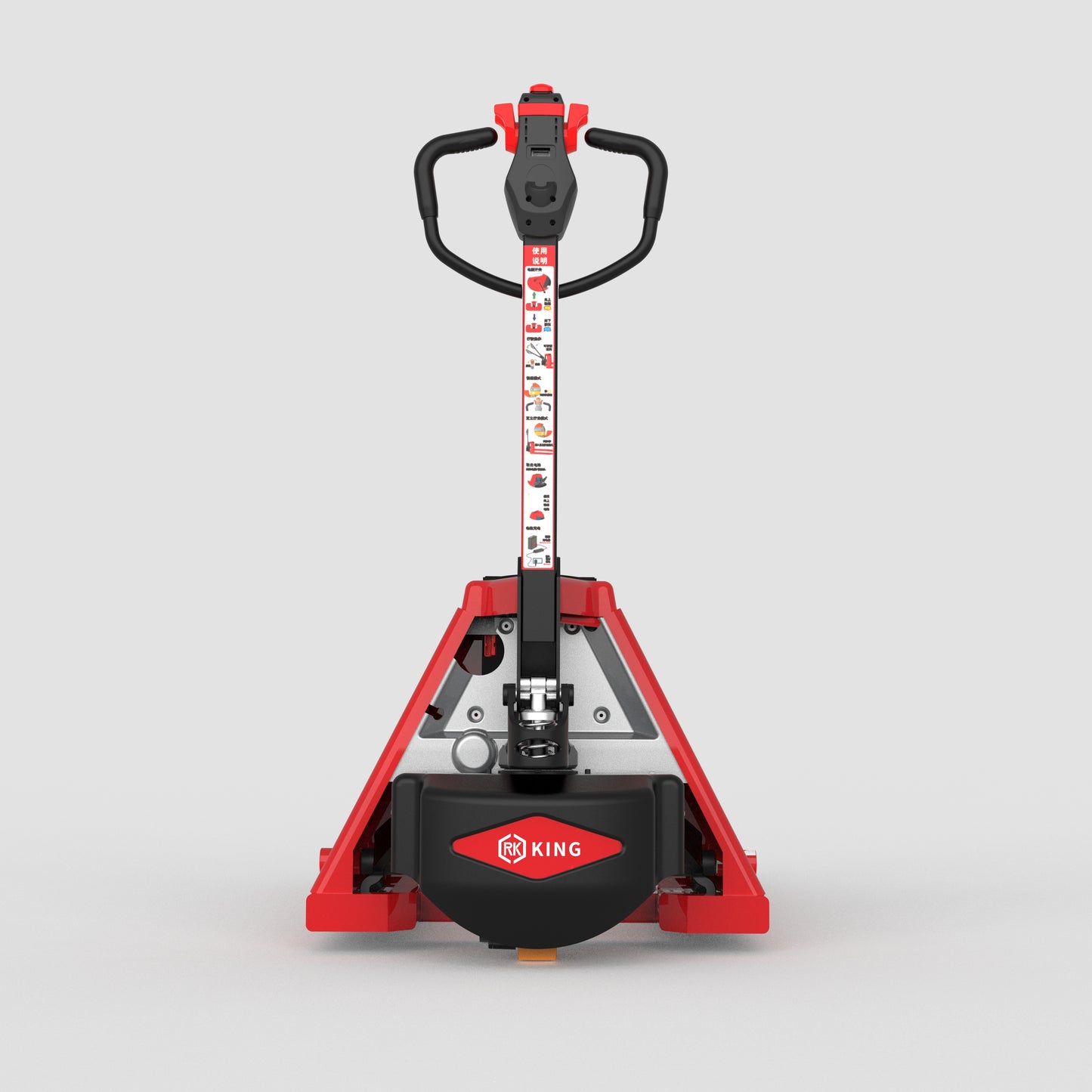 Red and black RK King pallet jack with ergonomic handle and usage instruction label