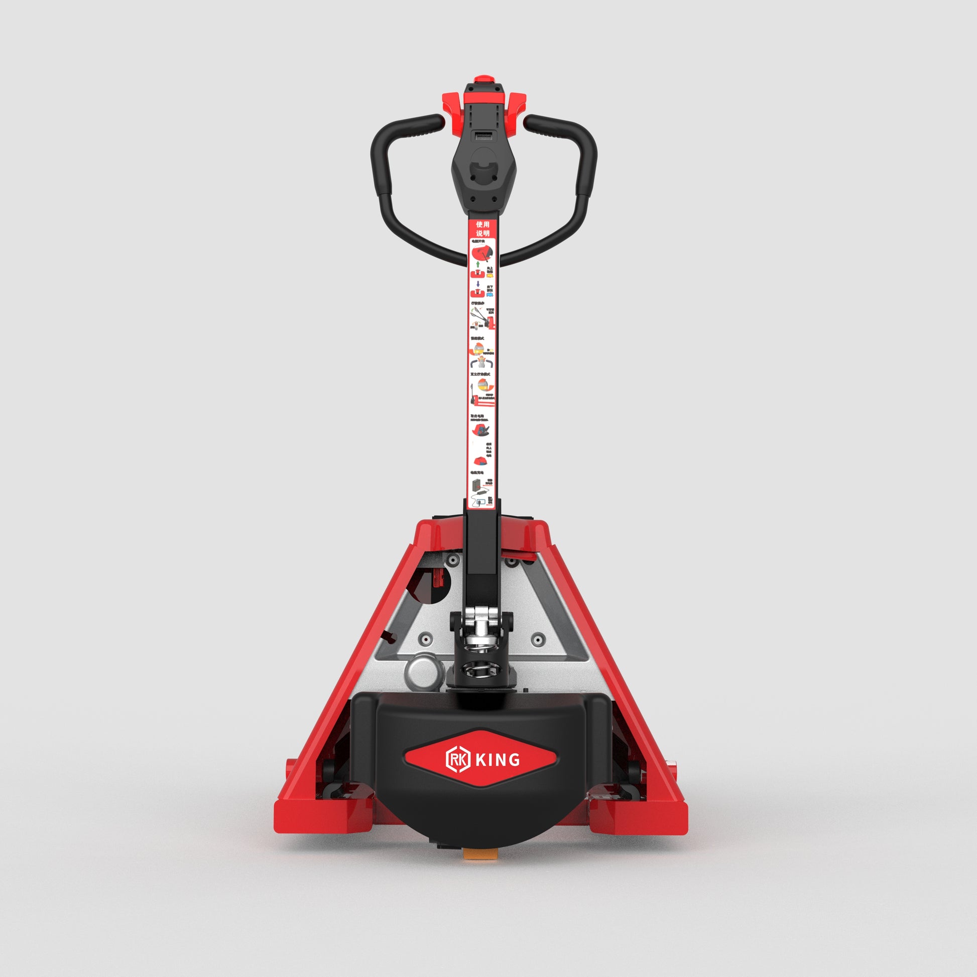 Red and black RK King pallet jack with ergonomic handle and usage instruction label