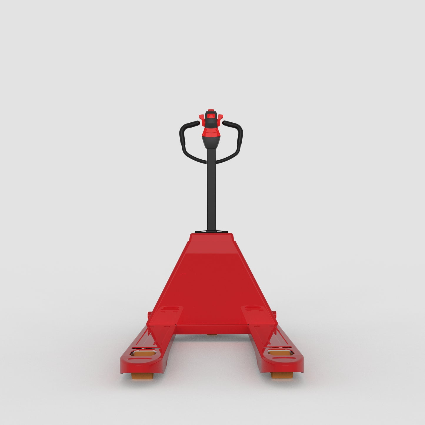 Red electric pallet jack with black handle on white background