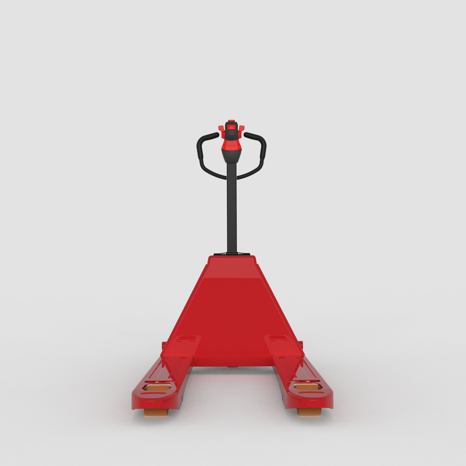 Red electric pallet jack with black handle on white background