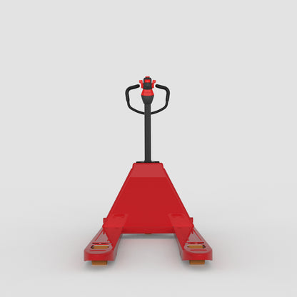 Red electric pallet jack with black handle on white background