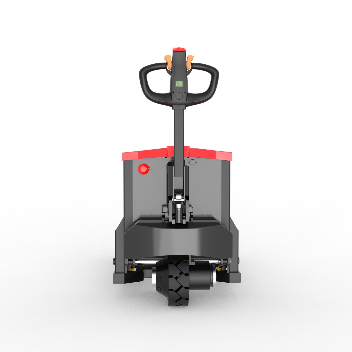 Front view of black and red electric pallet jack with ergonomic handle and central wheel