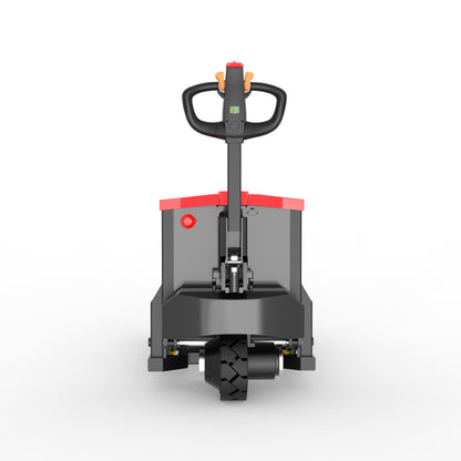 Front view of black and red electric pallet jack with ergonomic handle and central wheel