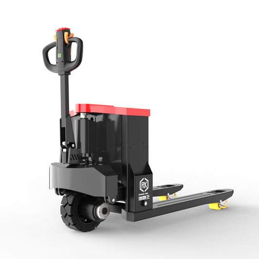 Electric pallet jack with black body, red top, and yellow wheels for warehouse material handling