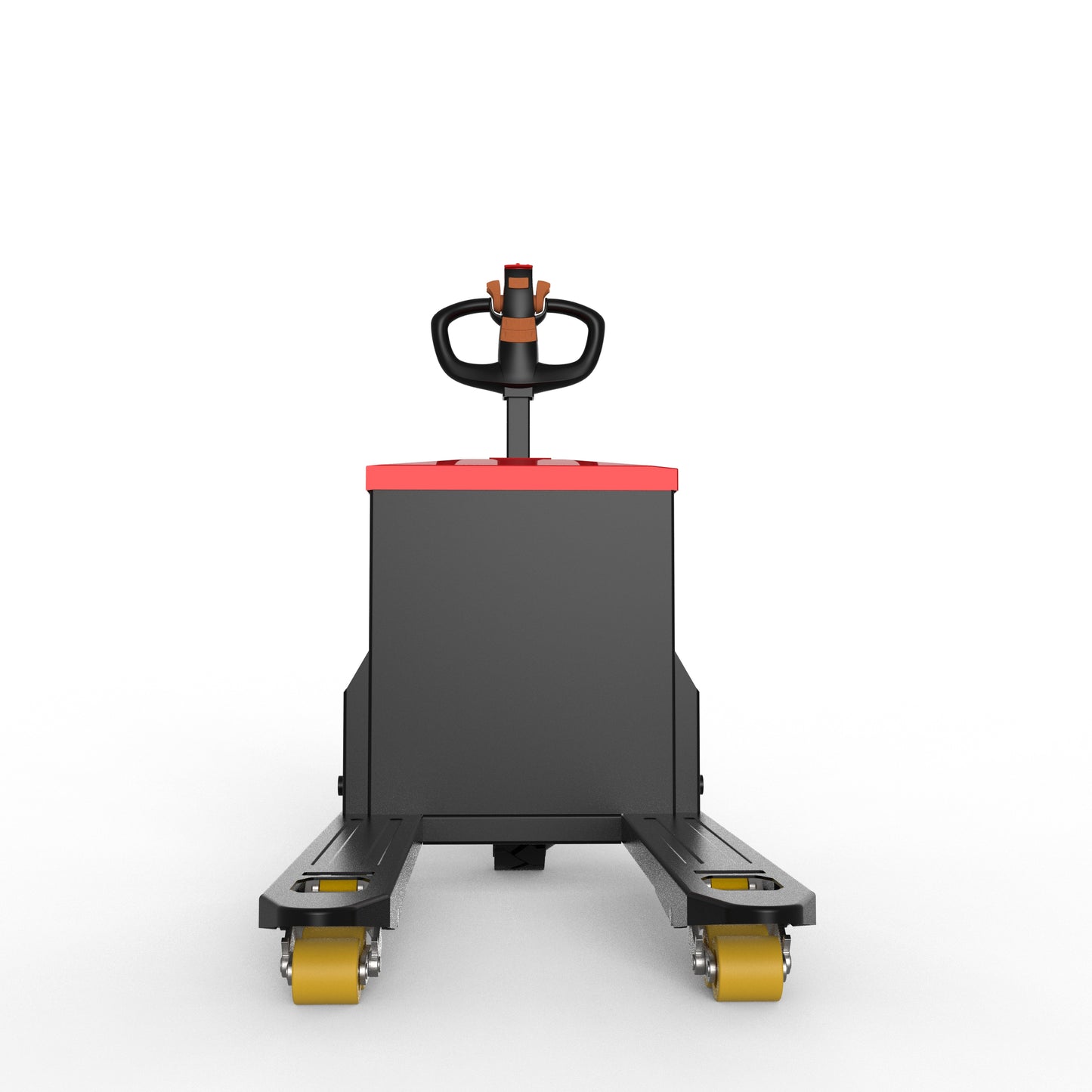 Front view of electric pallet jack with black and red body and yellow wheels on white background
