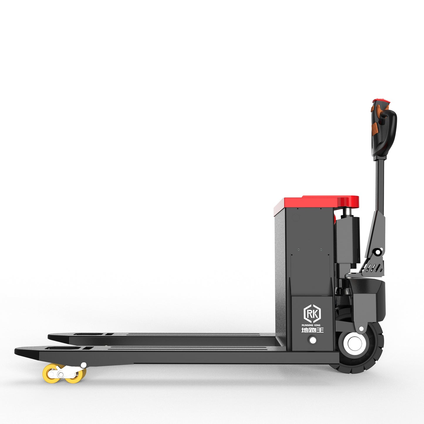 Side view of a black and red electric pallet jack with RK Running King logo on white background